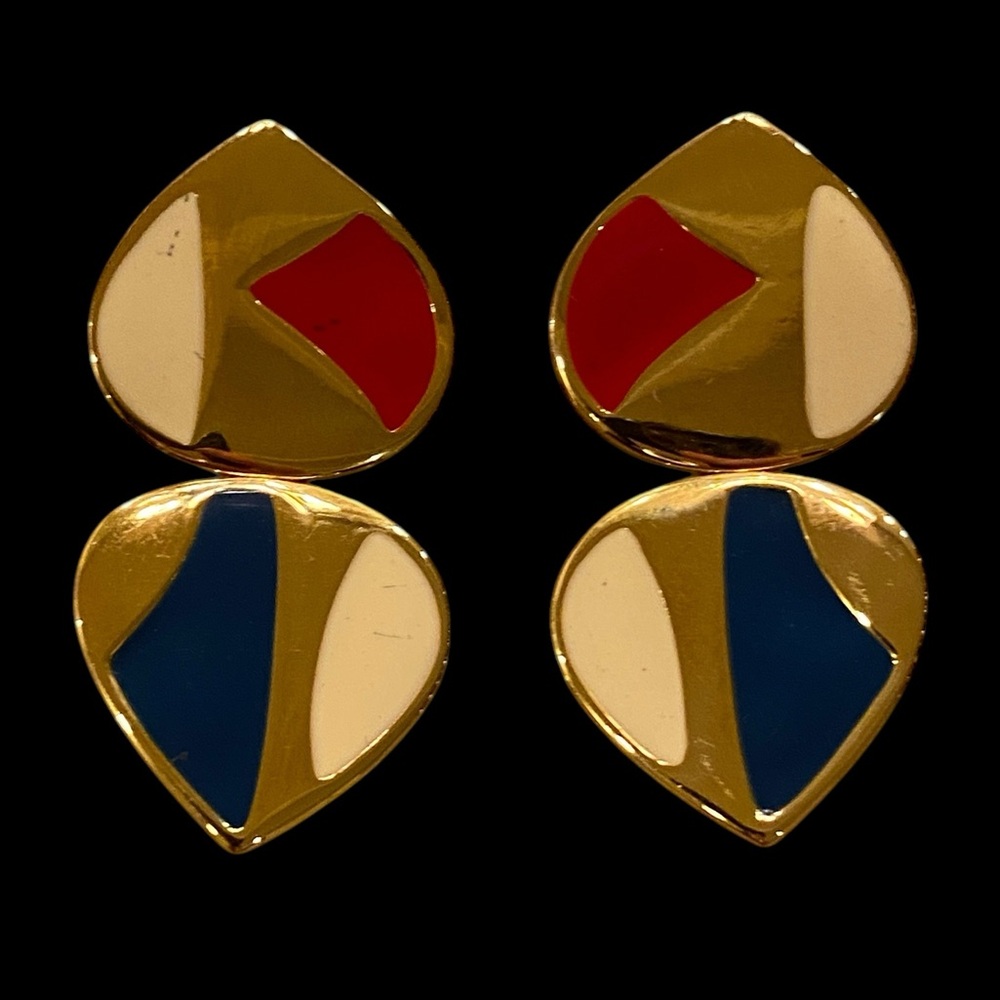 MONET Colorful Enamel 
Statement Earrings - Red, White, Blue
c. 1990s